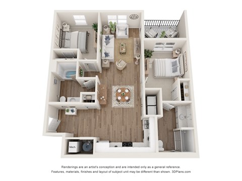Floor plan for 2 beds, 2 baths, 1087 sqft